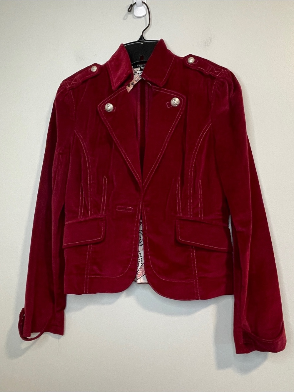 bebe Burgundy Velvet Military-Style Jacket